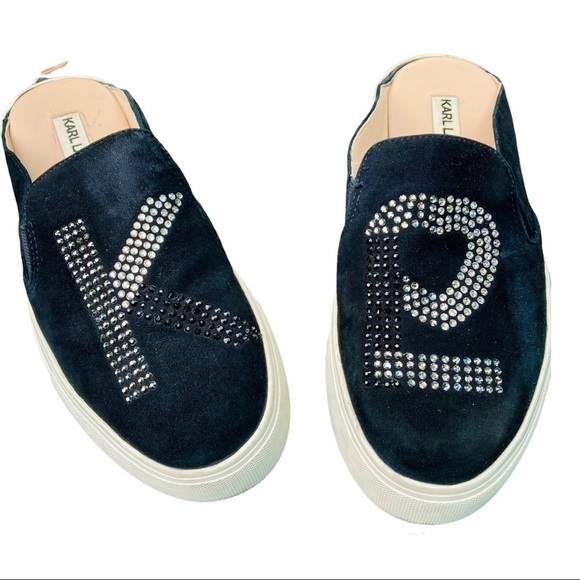 𝅺KARL lagerfeld paris suede rhimestone jeweled slide on shoes size 5 - Picture 1 of 14